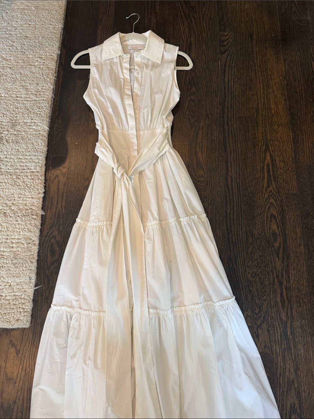 Ramy Brook White Sleeveless Maxi Tiered Shirt Dress with Waist Tie